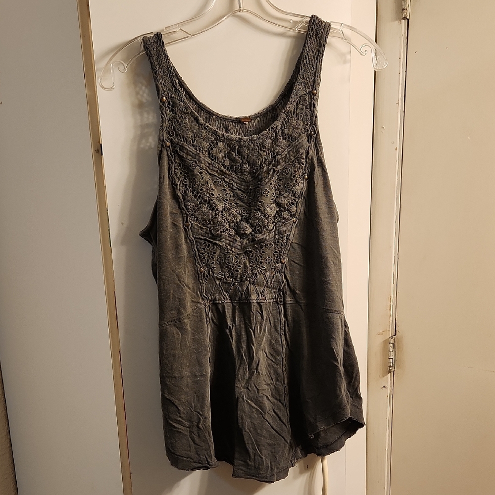 Free People Gray Embroidered Tank Top